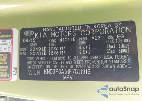 2015 Kia Soul + z USA, uszkodzony, nr VIN KNDJP3A51F7811916